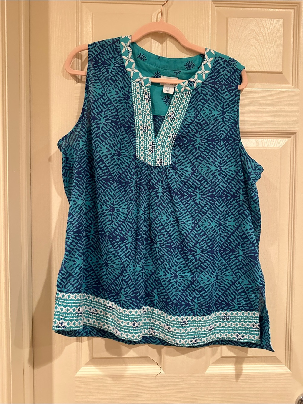 Sigrid Olsen Teal & Navy Sleeveless Printed Embroidered Top